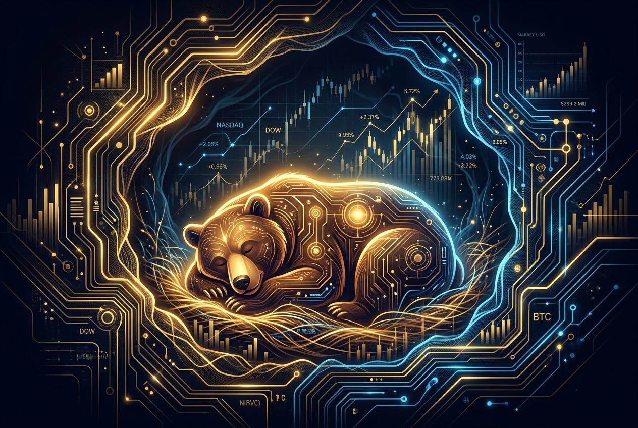 Illustration conceptuelle d’un ours endormi représentant la stratégie d’hibernation en marché baissier
