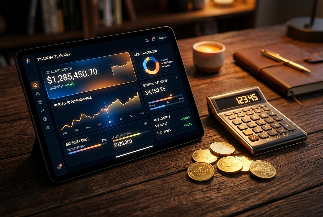 Illustration de gestion du budget personnel avec tableau et calculatrice