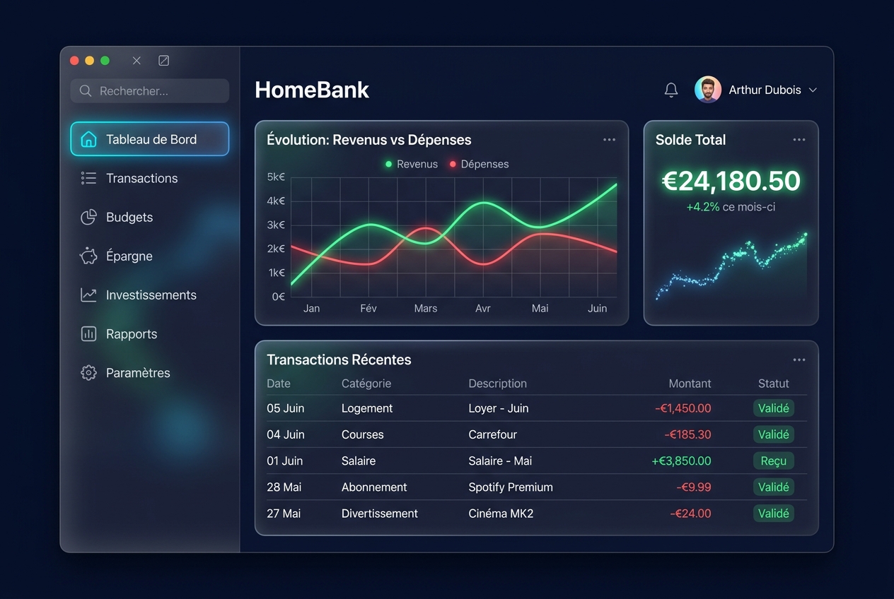 Illustration d’une interface de suivi budgétaire mensuel façon HomeBank