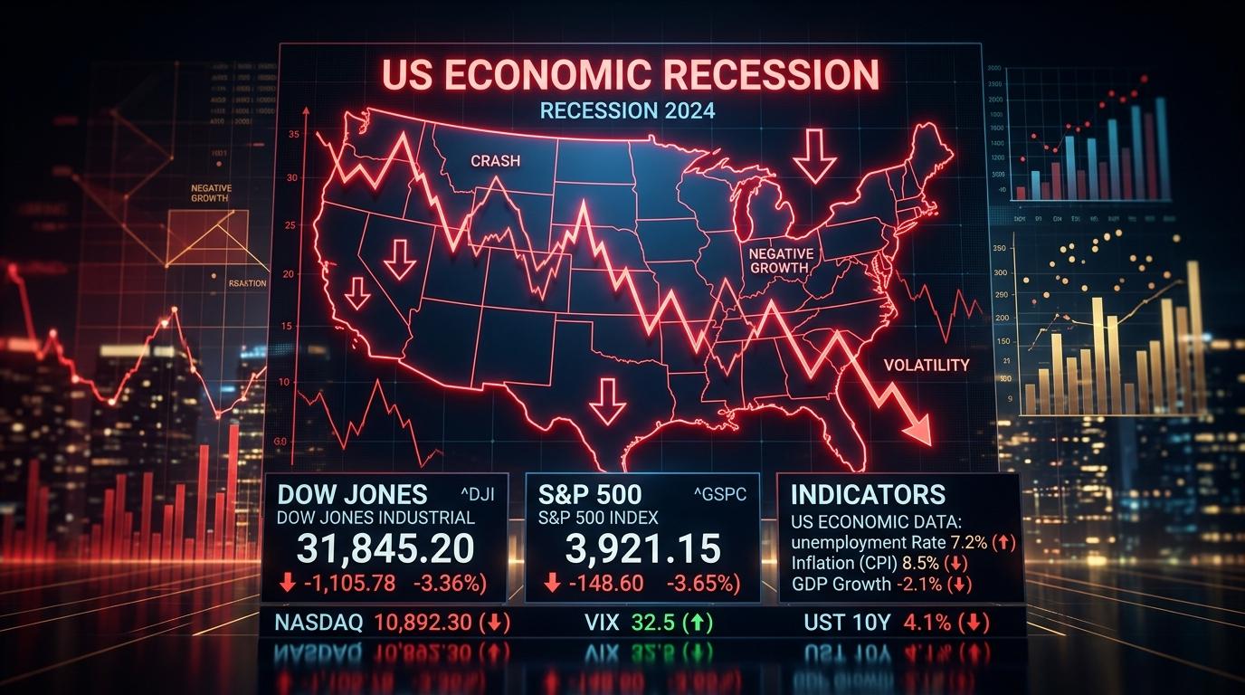 Carte des États-Unis avec indicateurs économiques en rouge montrant une récession, graphiques de chômage et PIB en baisse